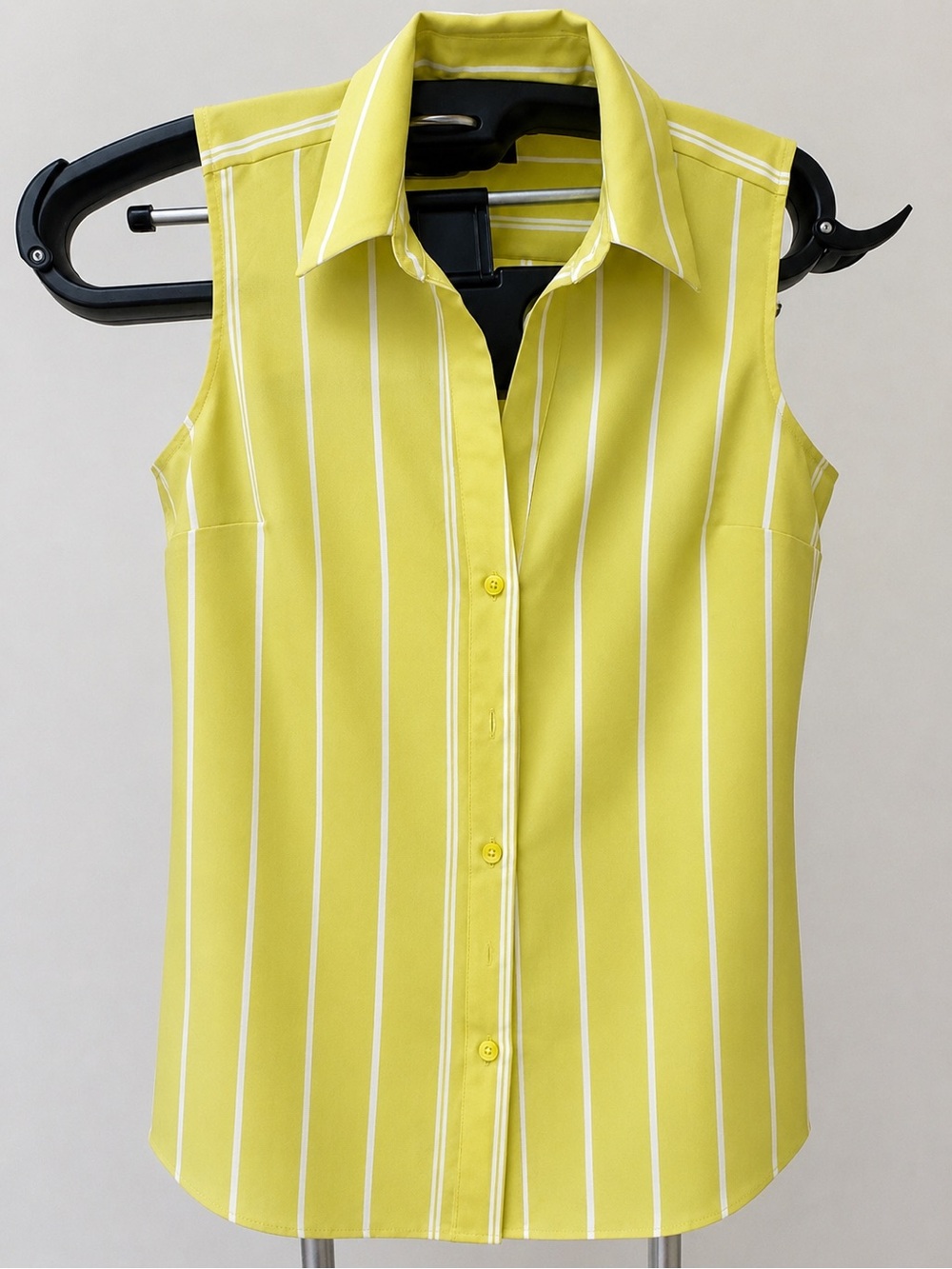 Ann Taylor Sleeveless Collared Button-Front Top in Yellow with White Stripes